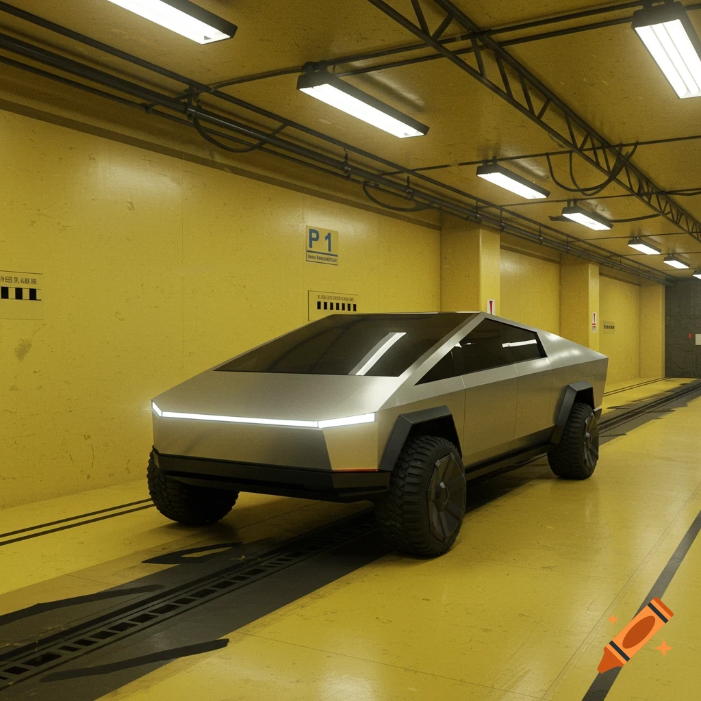 Tesla Cybertruck in a yellow industrial hallway