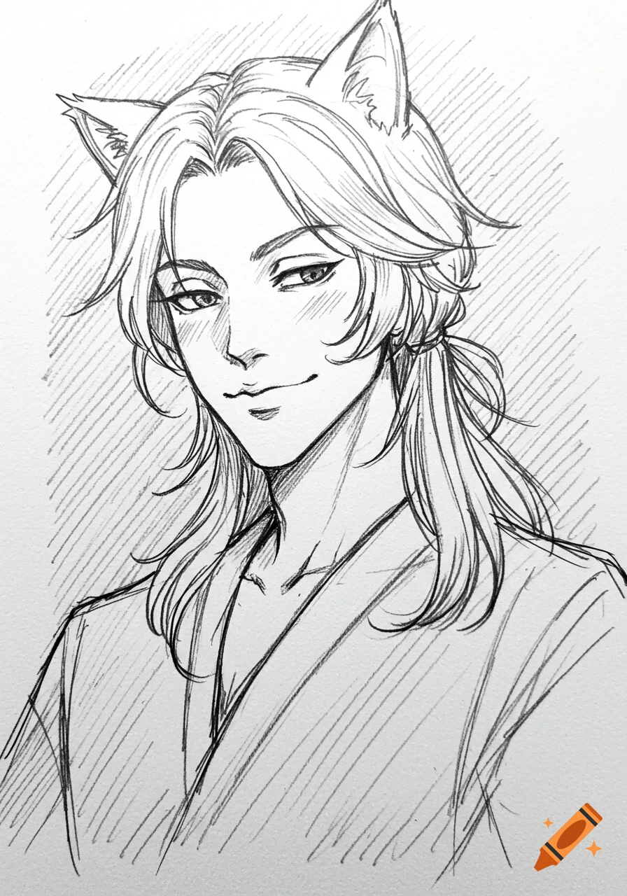 Pencil sketch of a male character with long hair and cat ears.
