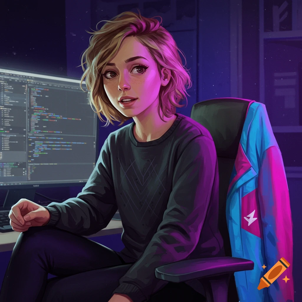 Illustration of a young woman with short blonde hair coding on a computer in a dark room.