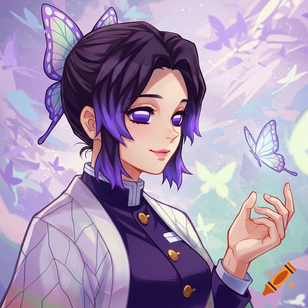 Anime style portrait of Shinobu Kocho with butterflies