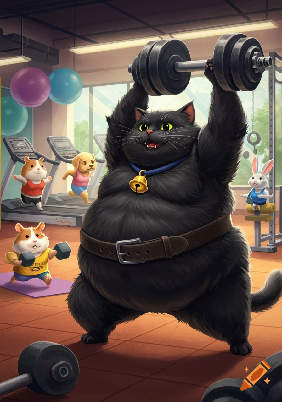 A fat black cat lifts weights in a gym with other cartoon animals exercising.
