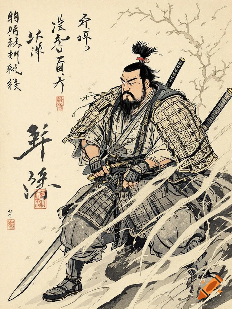 Illustration of historical Japanese samurai Saigo Takamori in armor, holding a sword, with calligraphy in a traditional art style.