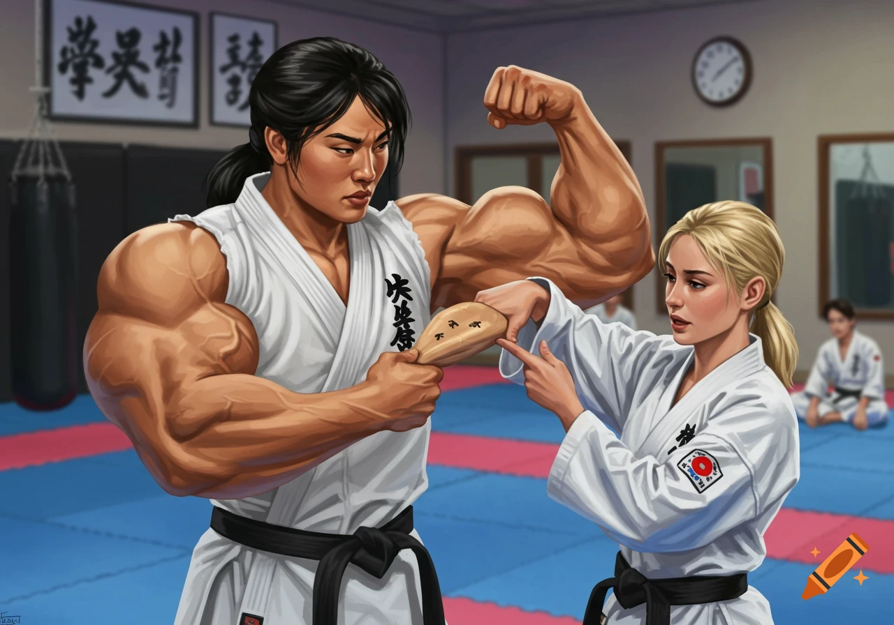 Muscular Asian woman flexes biceps in a dojo as a blonde student examines her arm. Digital painting.