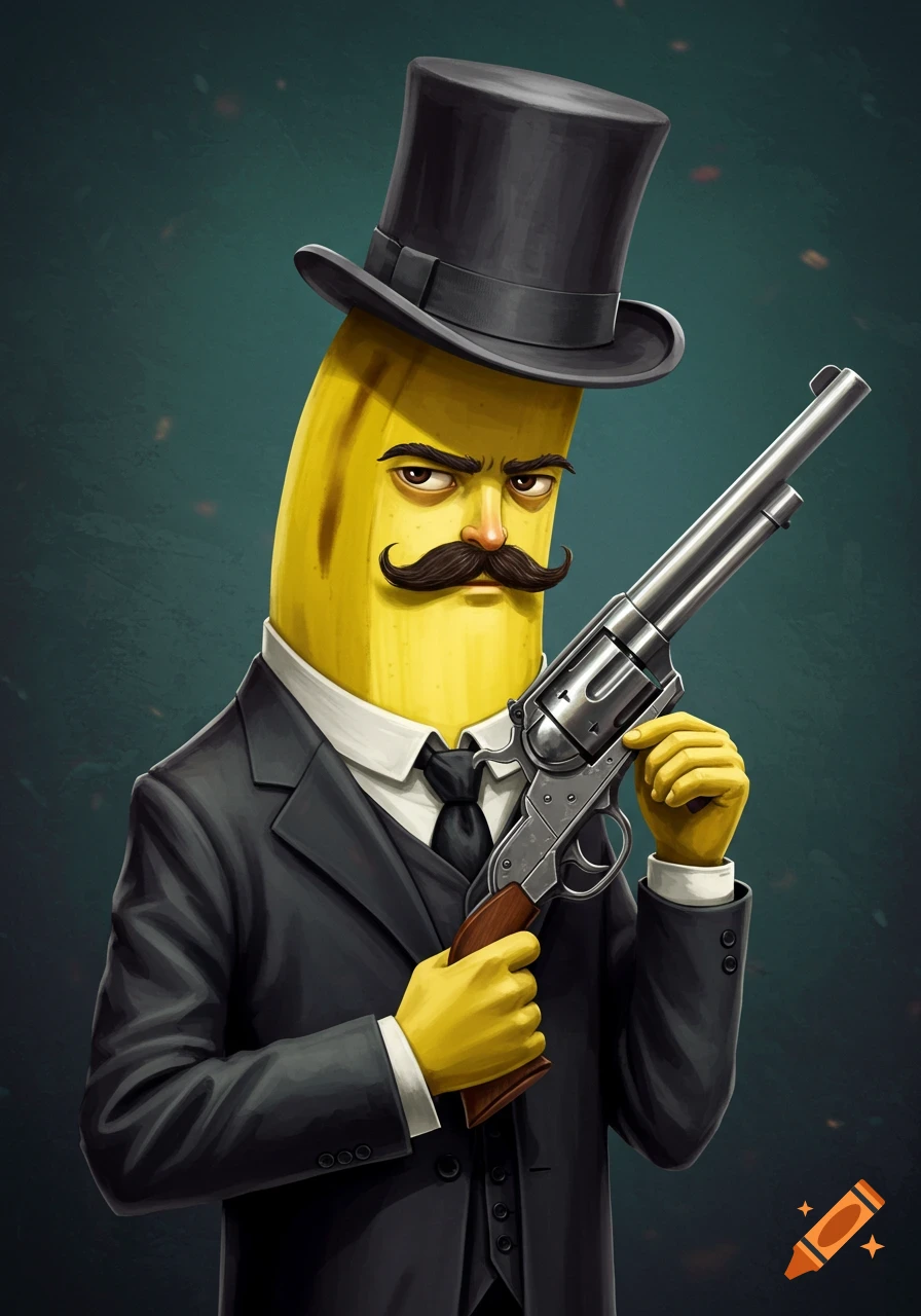 Cartoon banana character wearing a suit and top hat, holding a revolver.