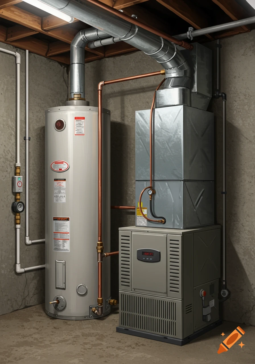 A water heater and furnace in a basement.