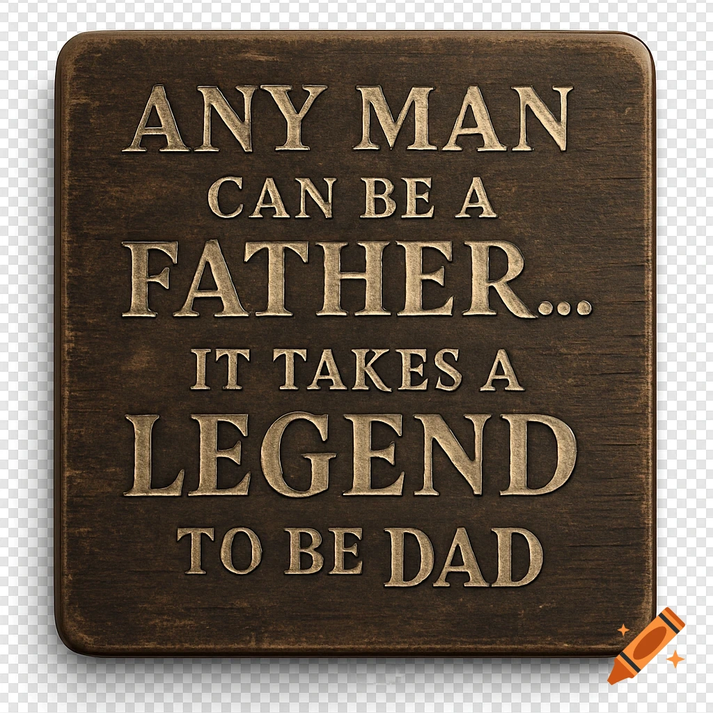 Wooden plaque with engraved text: 'Any Man Can Be a Father… It Takes a Legend to Be Dad'