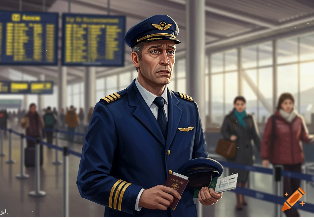 A concerned-looking pilot holding a passport and ticket in an airport terminal.