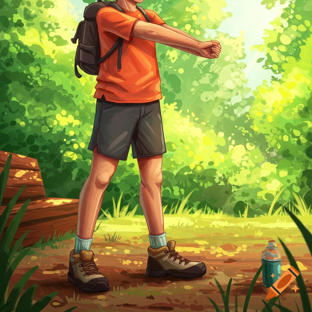 An illustration of a person in outdoor clothes stretching in a sunny forest.