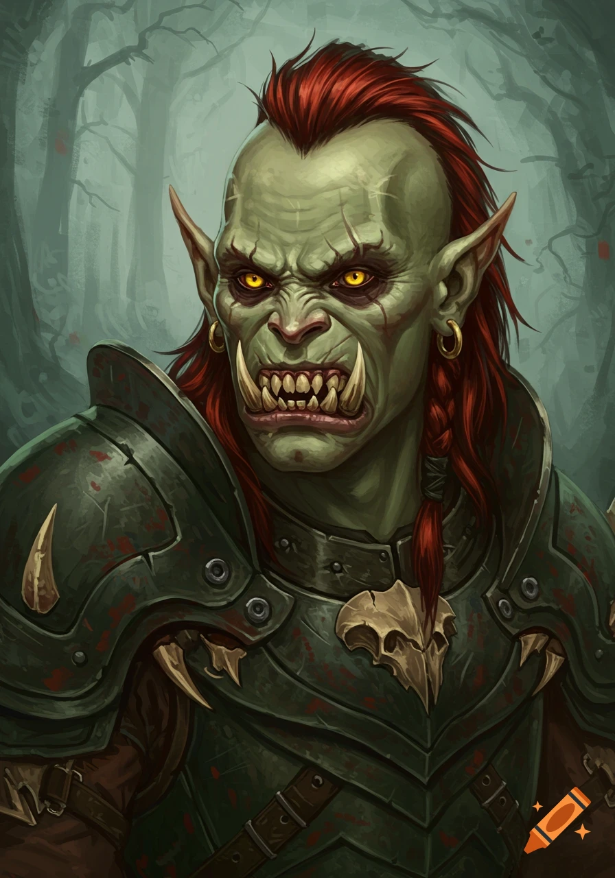 Portrait of a green-skinned orc in armor in a dark forest, painted style.