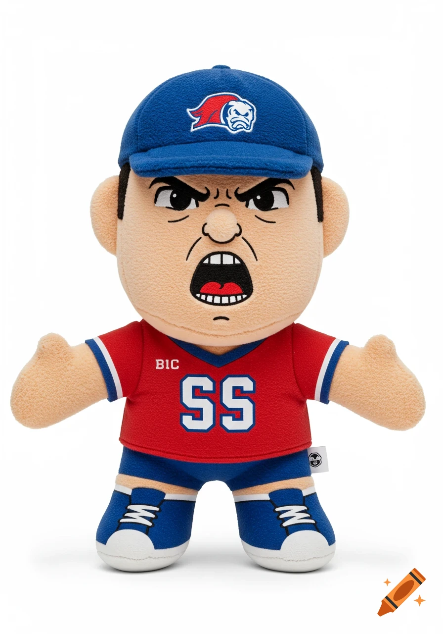 Plush toy of a sports fan shouting, wearing a blue hat and red jersey with 'SS' and 'BIC'.