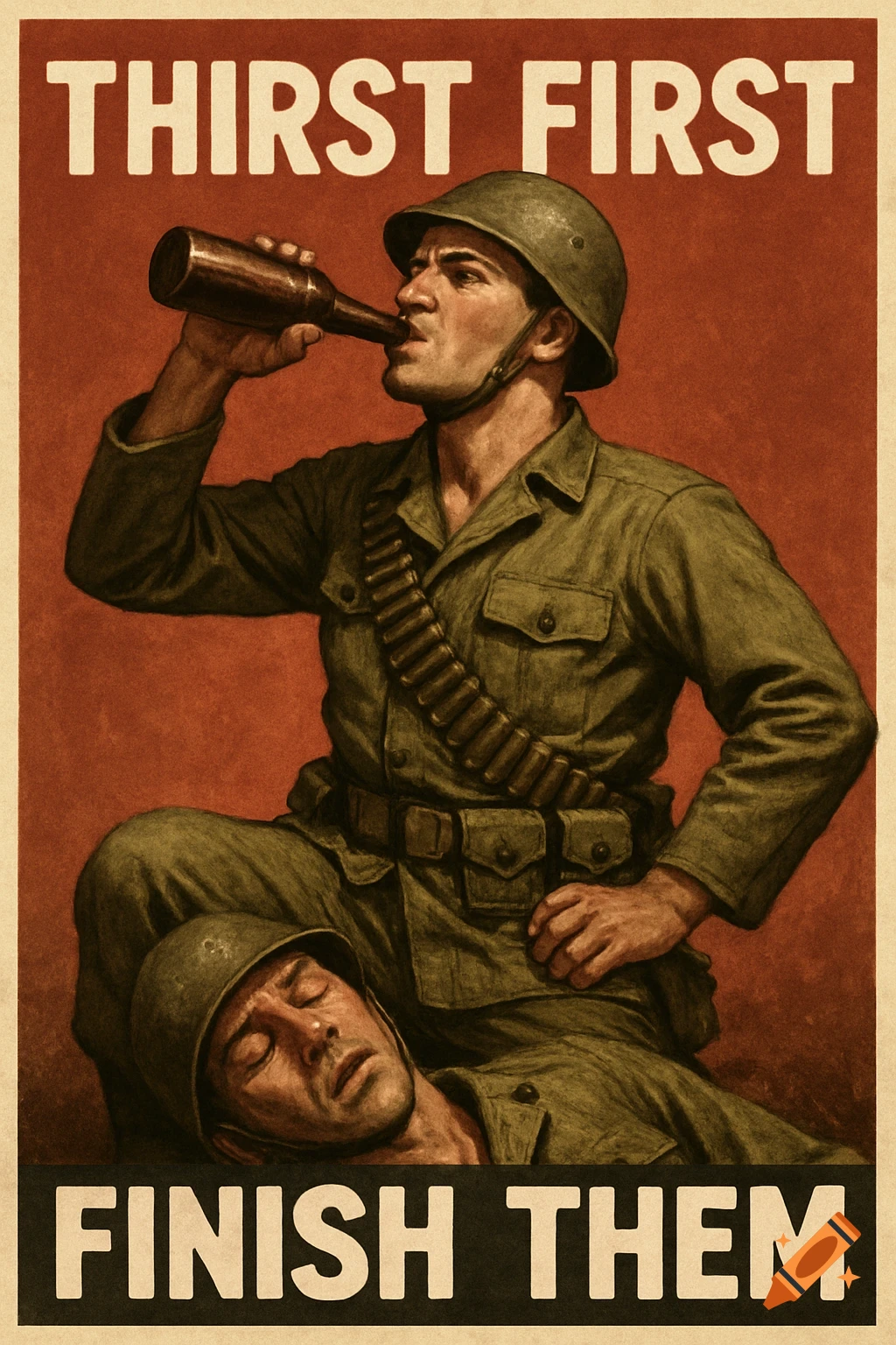 Vintage propaganda poster of a soldier drinking, standing over another, with text "THIRST FIRST" and "FINISH THEM".