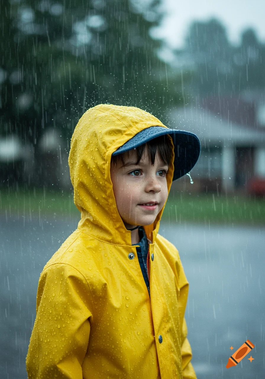 Young boy in a yellow raincoat stands outside in pouring rain