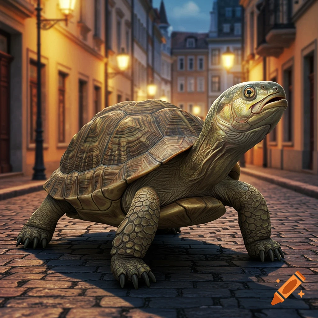A large turtle stands on a cobblestone street in an old European city at dusk.