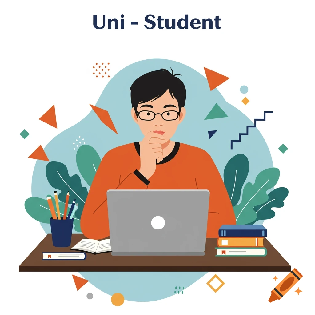 Flat vector illustration of a student sitting at a desk with a laptop and books, labeled "Uni - Student".