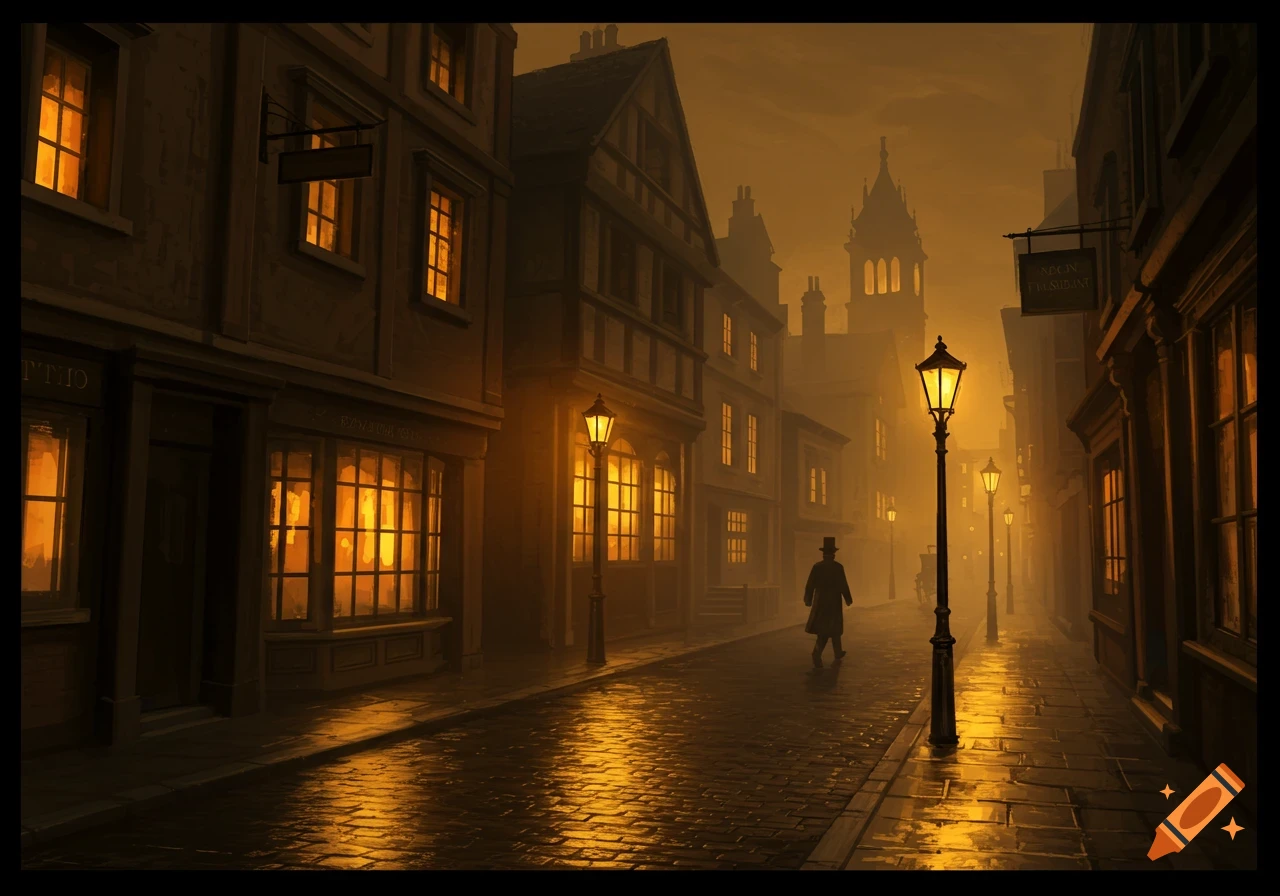 A lone figure walks down a foggy, gas-lit Victorian street at night.