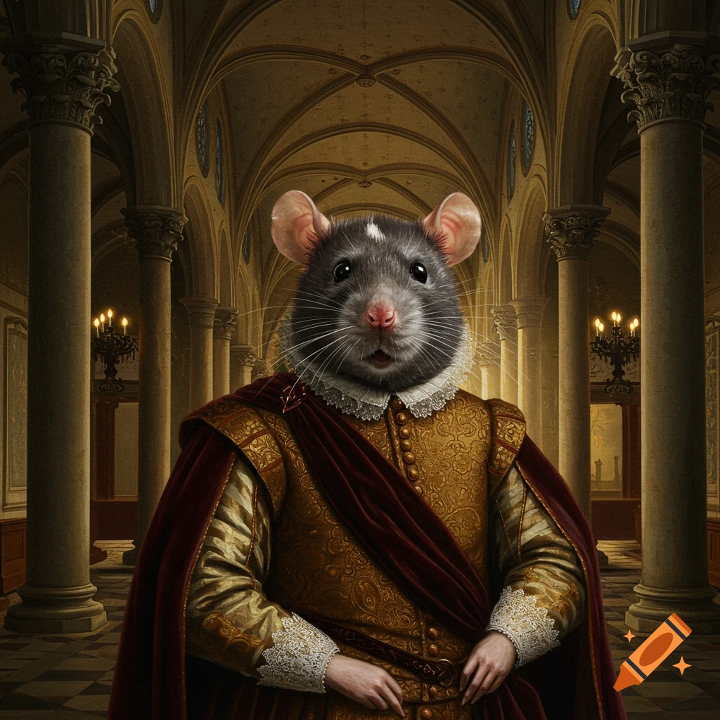 Portrait of a rat in renaissance clothing in a grand hall