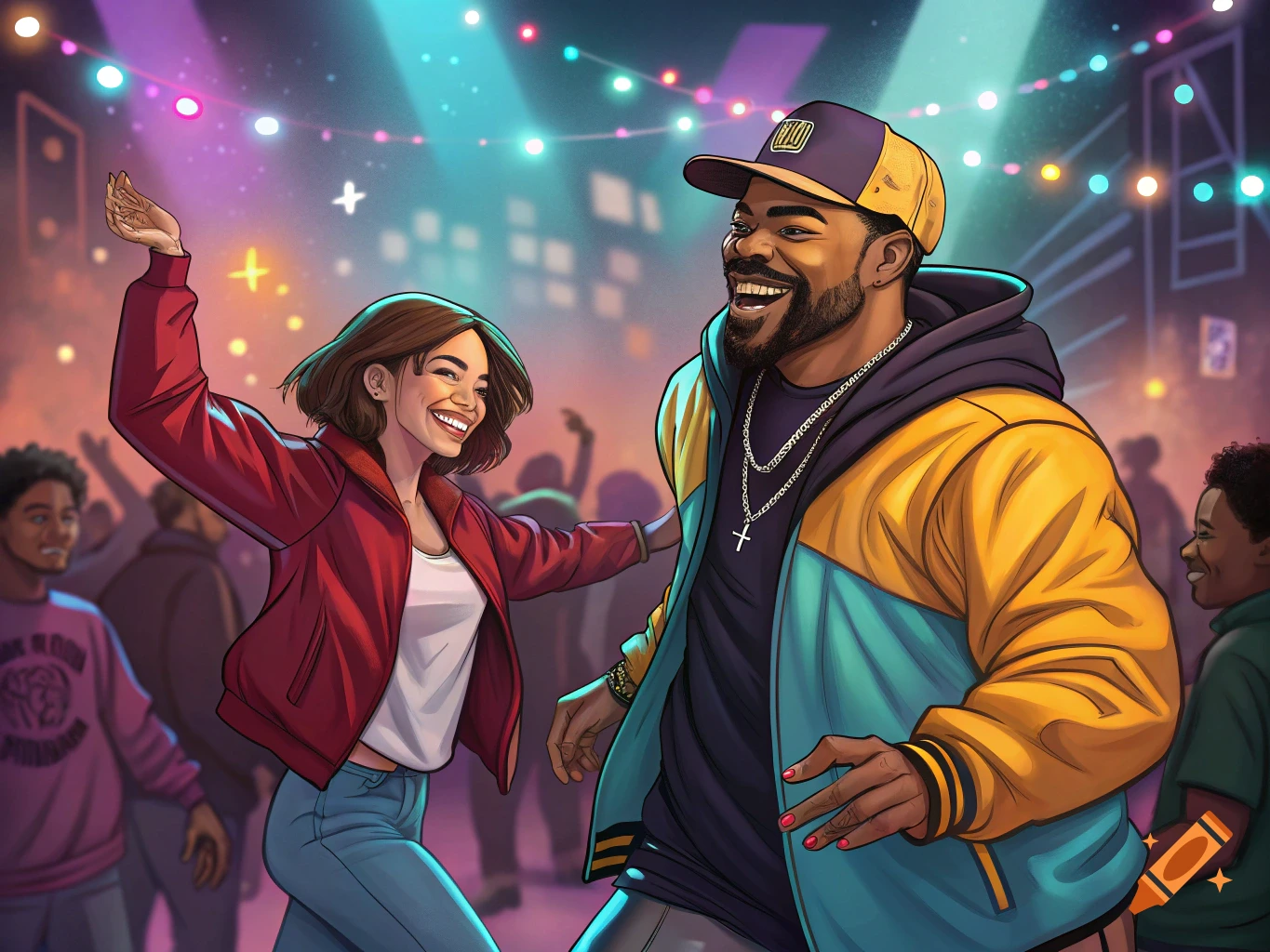 Two people smile and dance together at a lively party under colorful string lights.