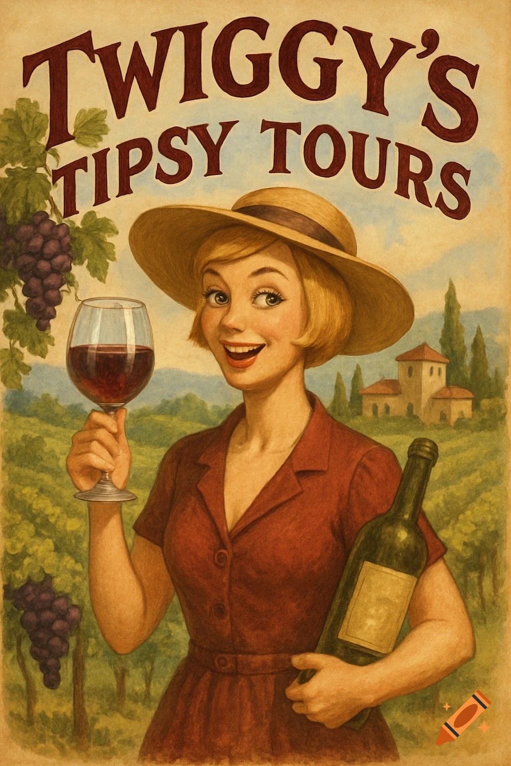 Vintage poster of a woman in a vineyard holding wine, with text Twiggy's Tipsy Tours
