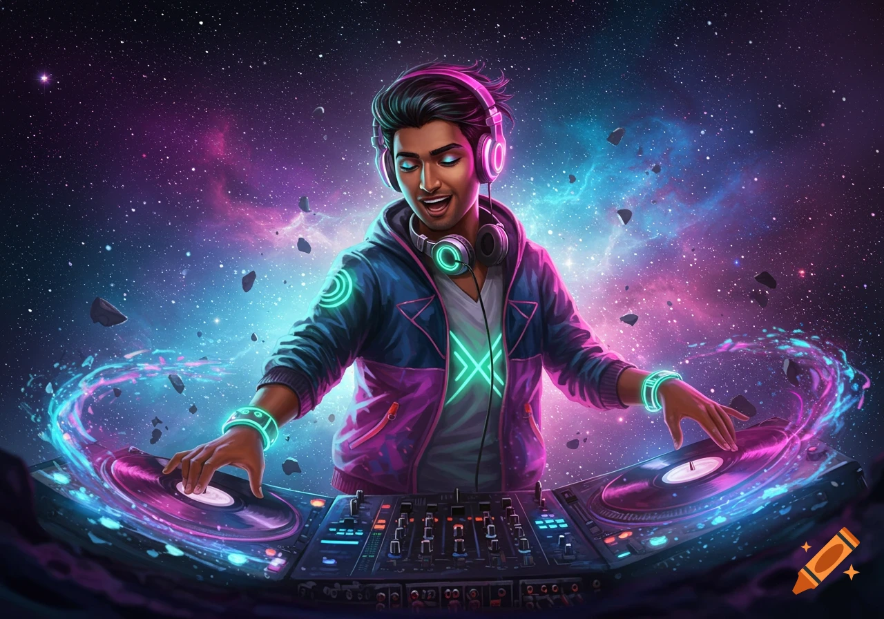 A DJ mixing music in outer space with vibrant neon lights.