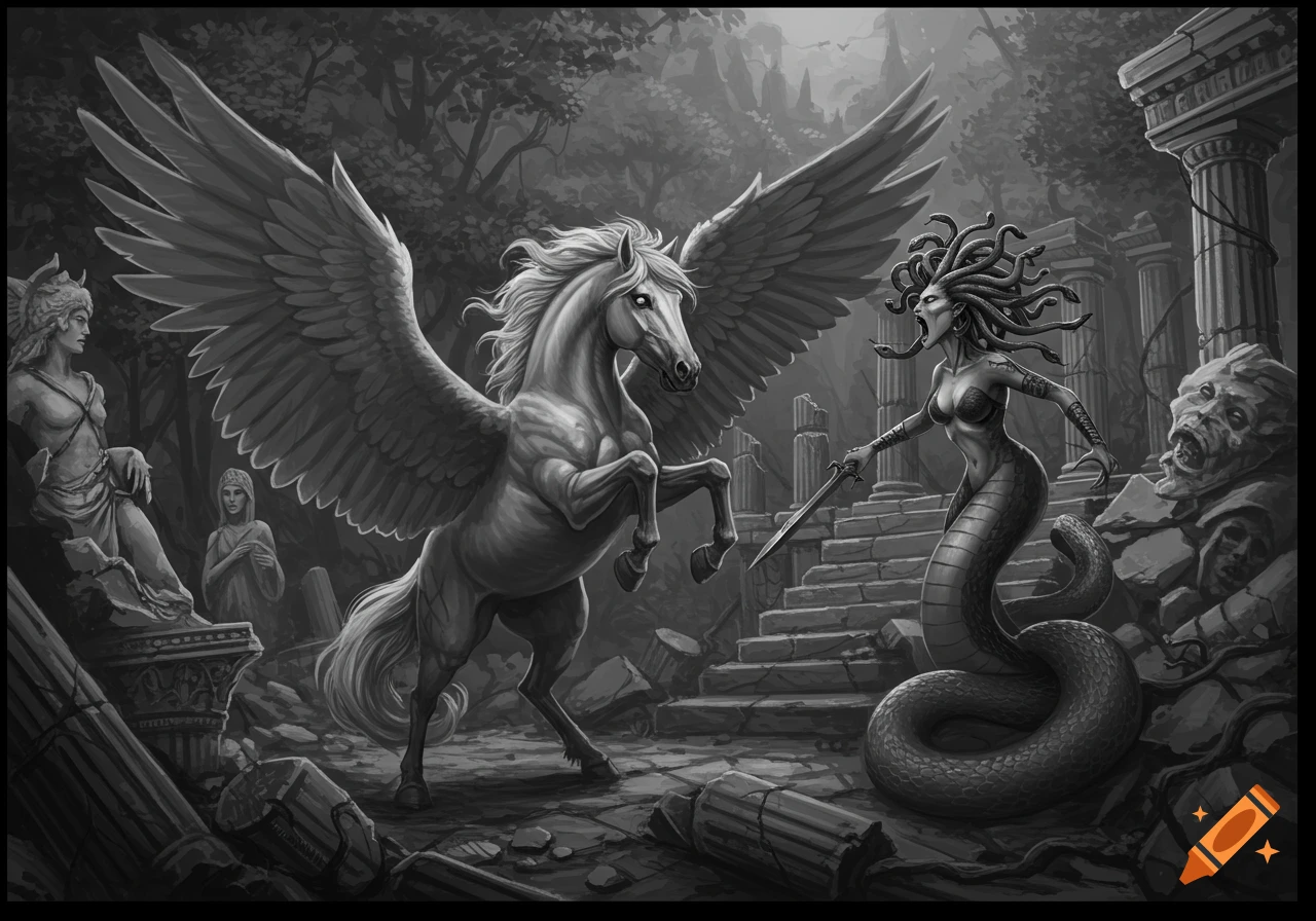 Grayscale illustration of Pegasus fighting Medusa in ancient ruins.