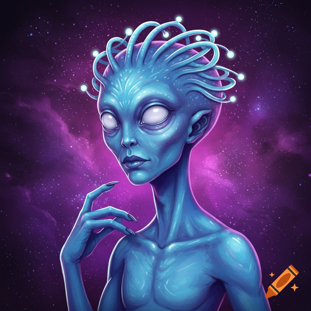 Portrait of a blue-skinned alien with large white eyes and glowing tendrils on its head, set against a purple nebula background.