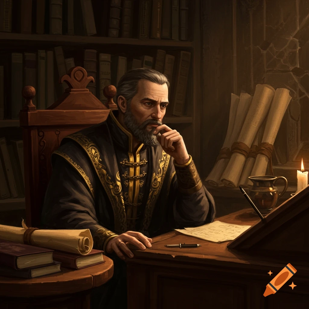 A man in ornate robes writes at a desk in a dimly lit library, surrounded by books and scrolls. Painting.