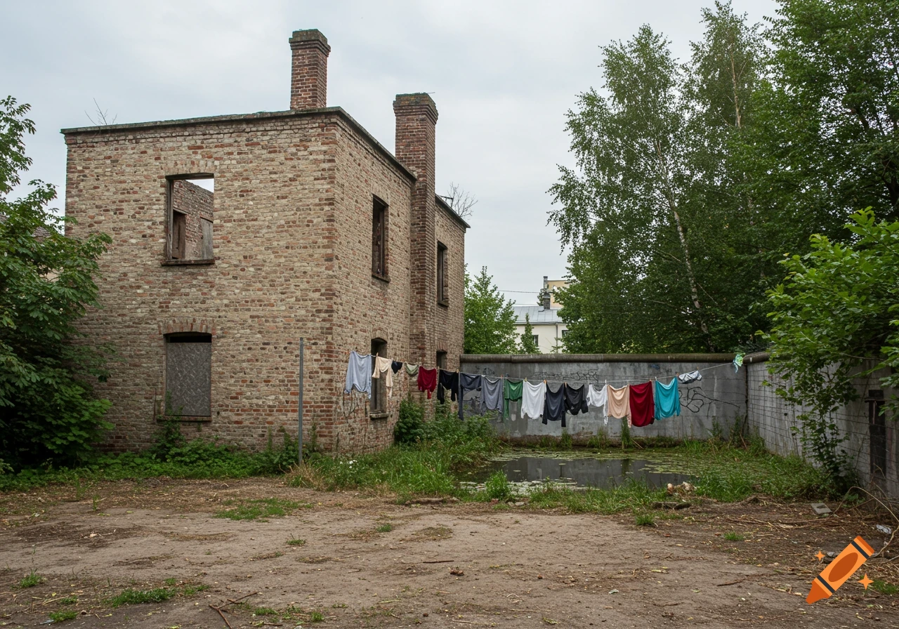 Run-down brick building with laundry drying on a line outside over a pond and overgrown yard.