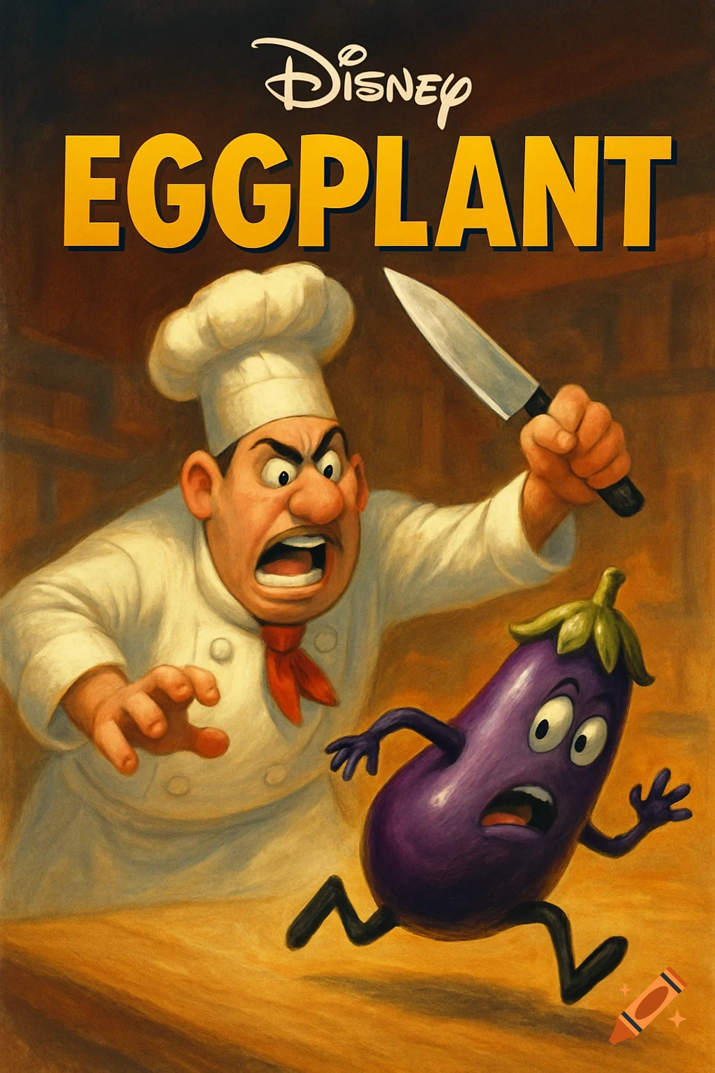 Movie poster of a chef with a knife chasing a scared eggplant character. Stylized illustration.