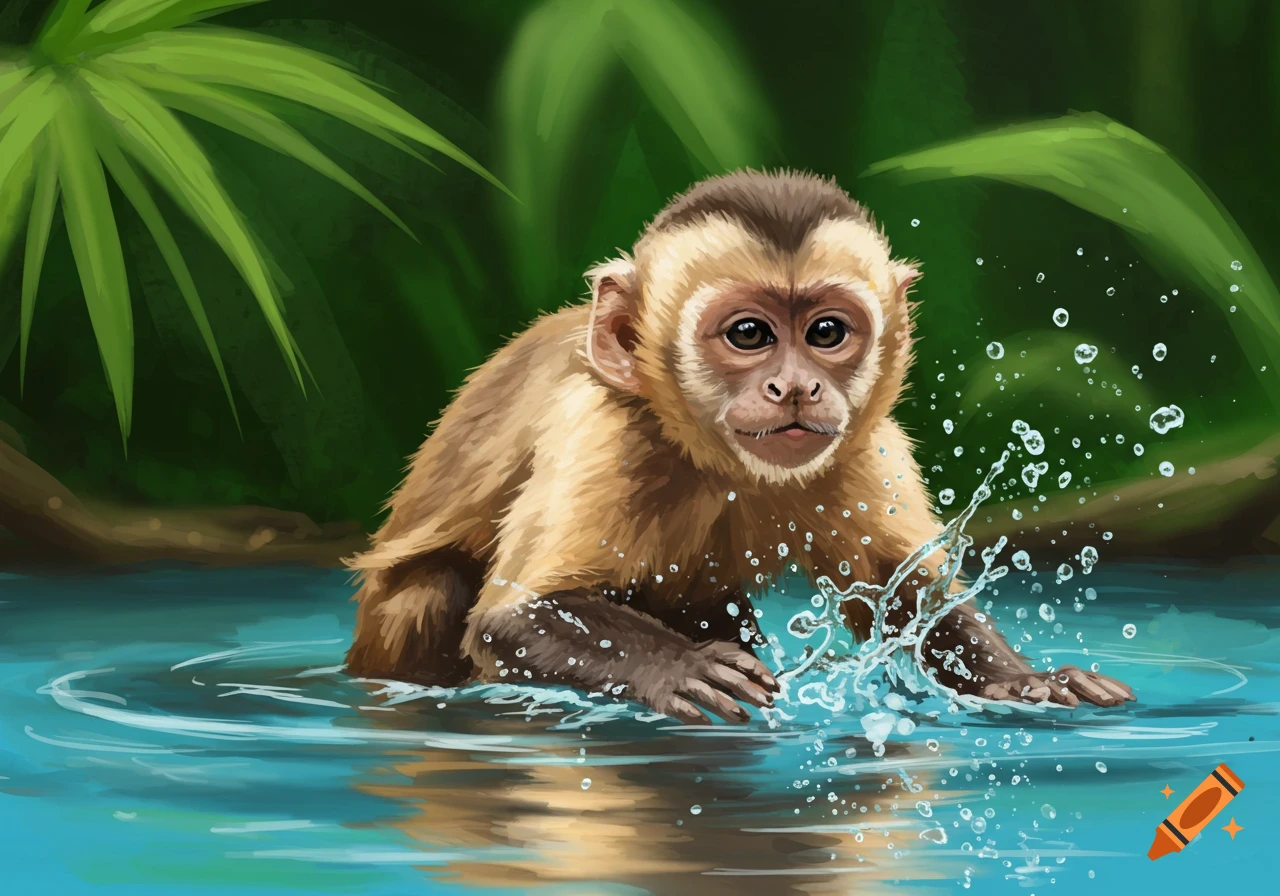 An illustration of a little monkey splashing in water in a jungle setting.