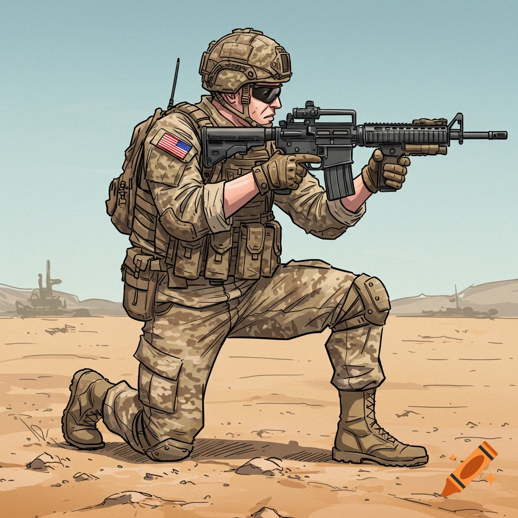 Drawing of a US soldier kneeling in a desert, holding a rifle.