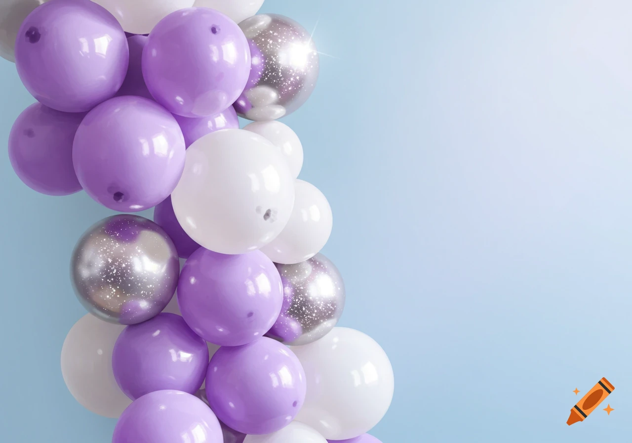 Close-up of a balloon garland with lavender, white, and silver balloons against a blue background.