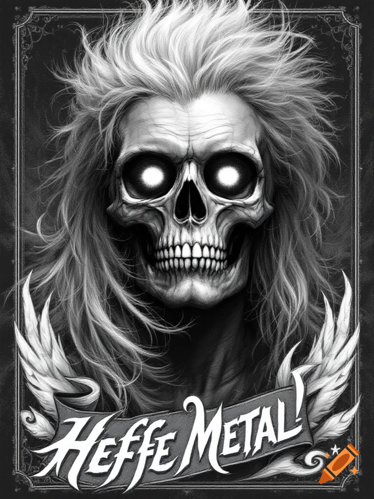 Grayscale illustration of a skull with long hair, glowing eyes, and a banner that reads 'Heffe METAL!' below it.