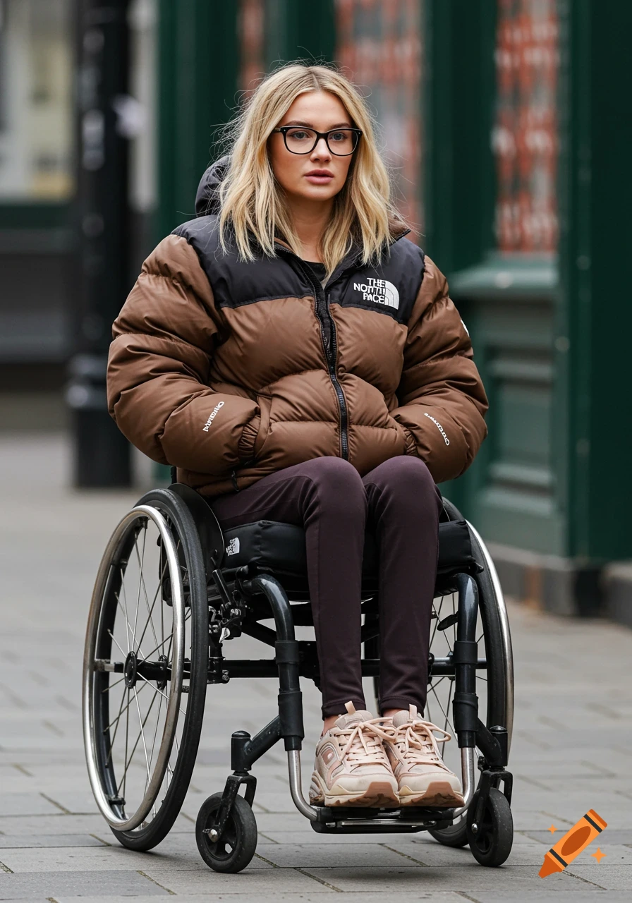 A woman with blonde hair and glasses sits in a wheelchair wearing a brown puffer jacket, leggings, and trainers.