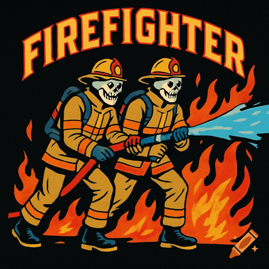 Two skeletons in firefighter gear spraying water on flames, 80s animation style illustration with 'FIRE FIGHTER' text.