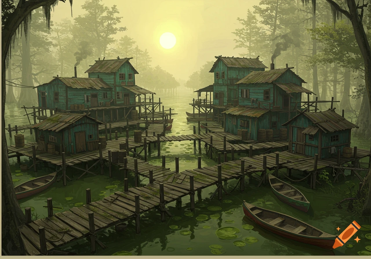 Swamp village with houses on stilts connected by boardwalks, boats on water, under misty sun