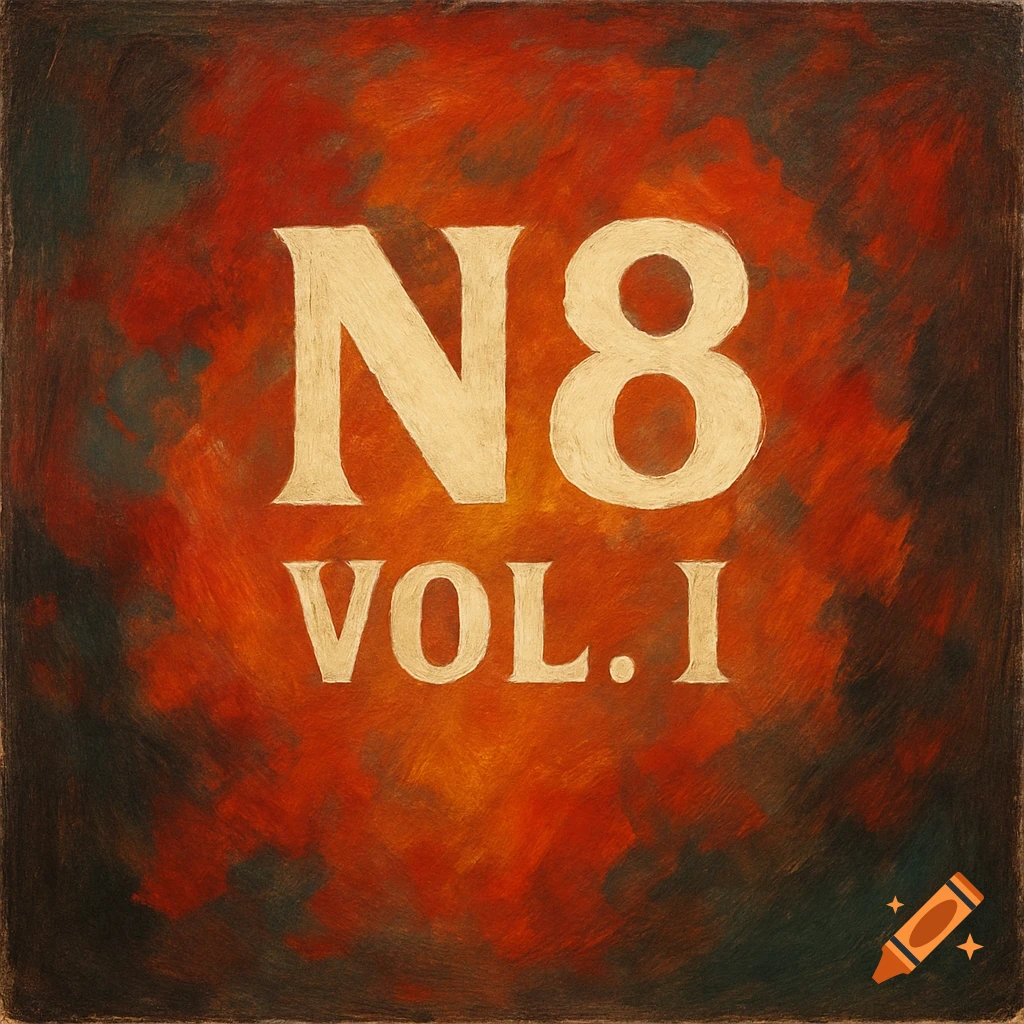 Text "N8 VOL.I" centered on an abstract painterly background in shades of orange, red, and dark brown.