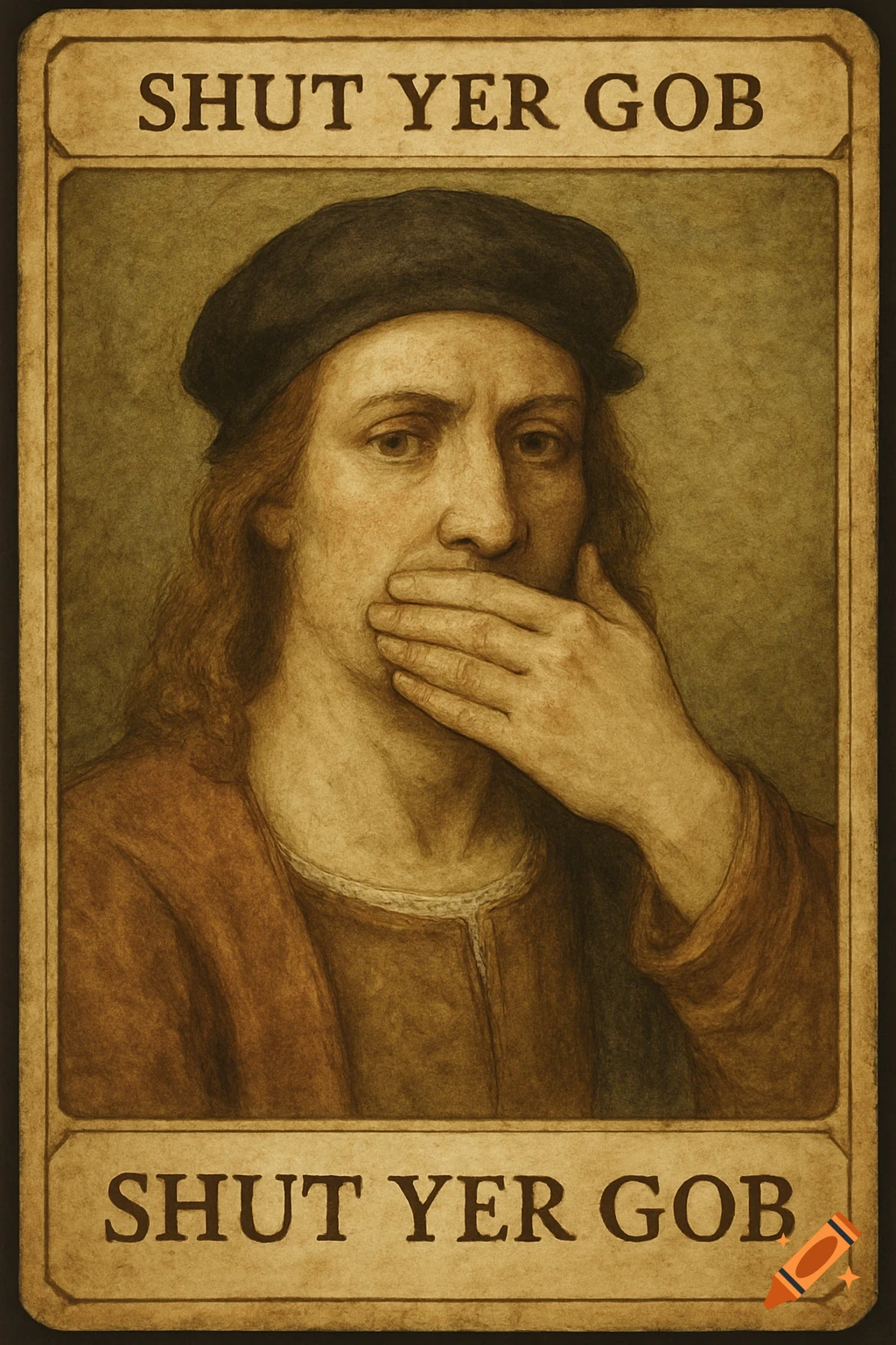 A portrait of a man with long hair and a hat, covering his mouth with his hand, with the text "SHUT YER GOB" above and below, in a classical painting style.