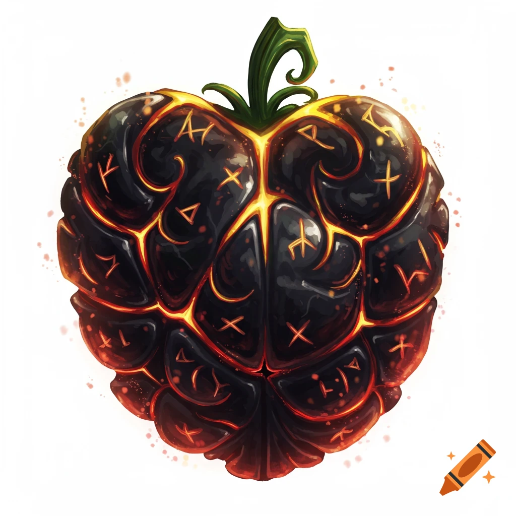 Stylized dark fantasy fruit with glowing cracks and carved symbols on a ...