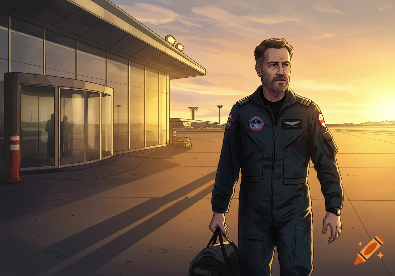 A stylized illustration of a pilot walking away from an airport terminal building at sunset, carrying a bag.