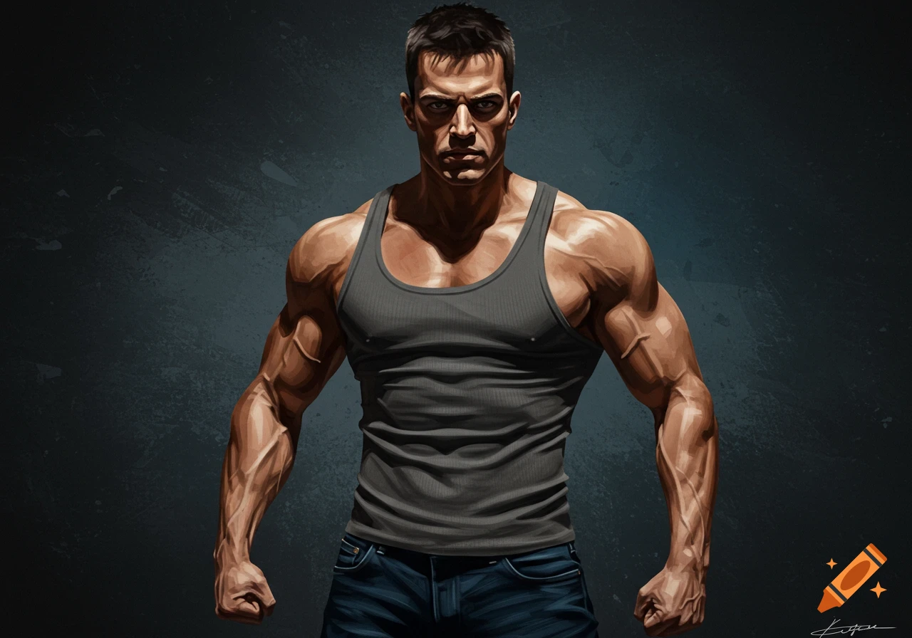 Digital painting of a muscular man in a tank top and jeans looking intensely at the viewer.