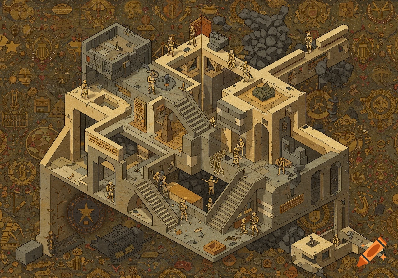 Isometric illustration of a complex building with figures in a detailed, stylized manner.