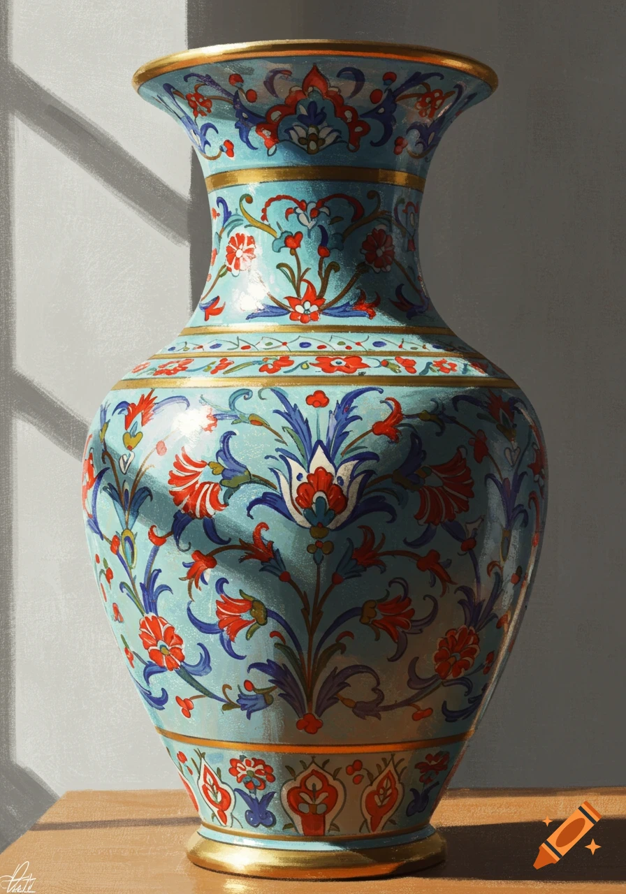 Close-up of a patterned teal vase with red, blue, and gold designs, illuminated by sunlight.