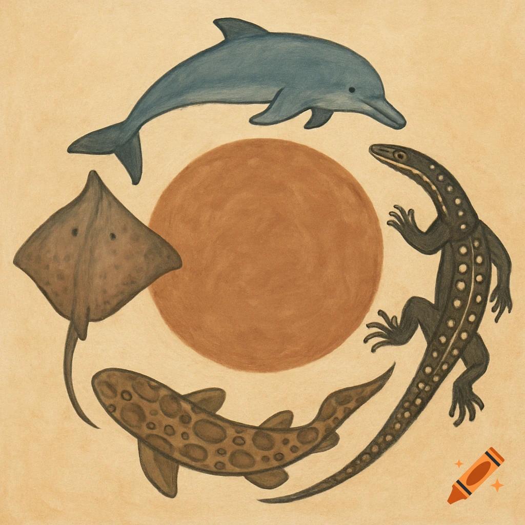 A simplistic drawing of a dolphin, stingray, carpet shark, and goanna circling a central orange circle.