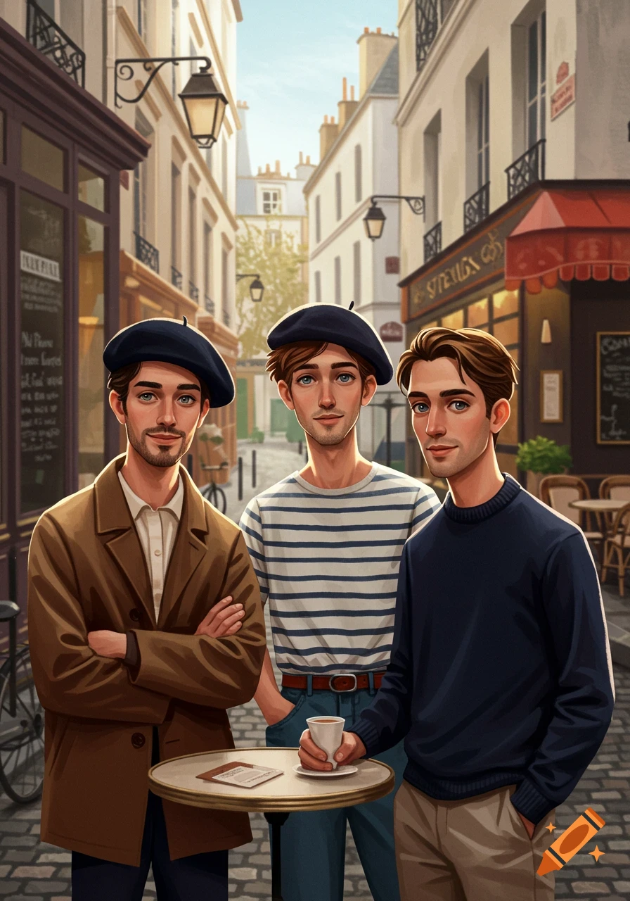 Three men wearing berets stand on a cobblestone street in a European city scene.
