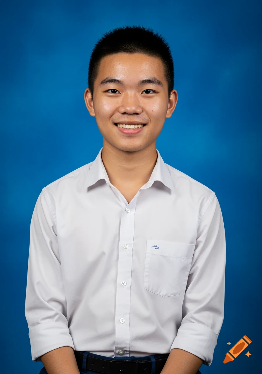 A young man in a white shirt poses for a school portrait against a blue background.