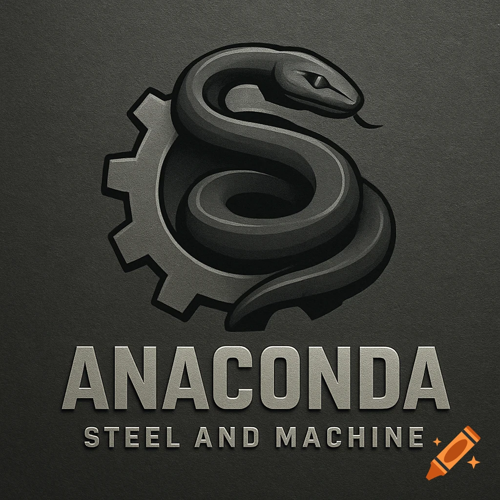 Logo with a dark snake coiled around a gear above the text ANACONDA STEEL AND MACHINE.