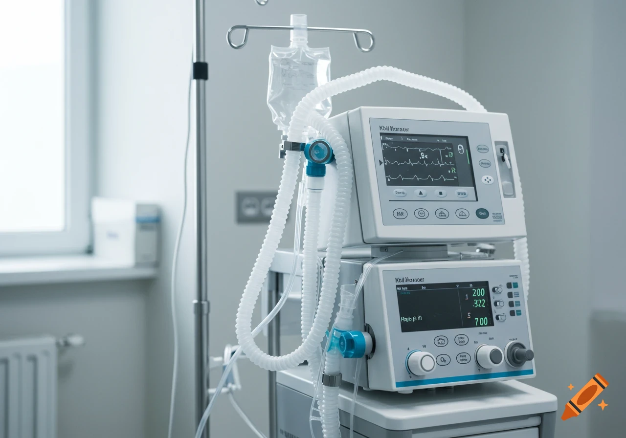 Close-up photo of a medical ventilator machine with tubes and screens