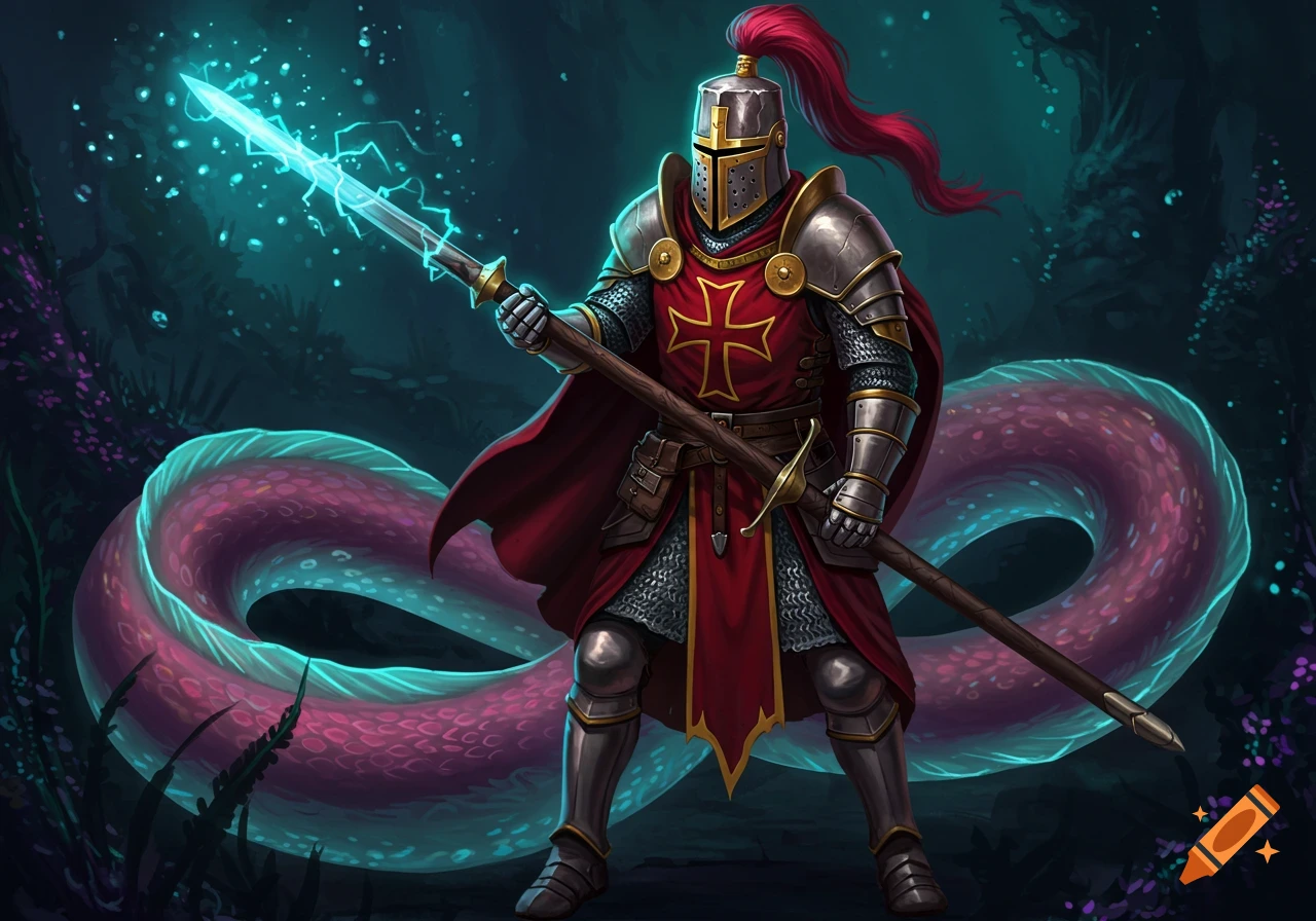 A knight in armor holding an electric spear stands beside a glowing eel creature.