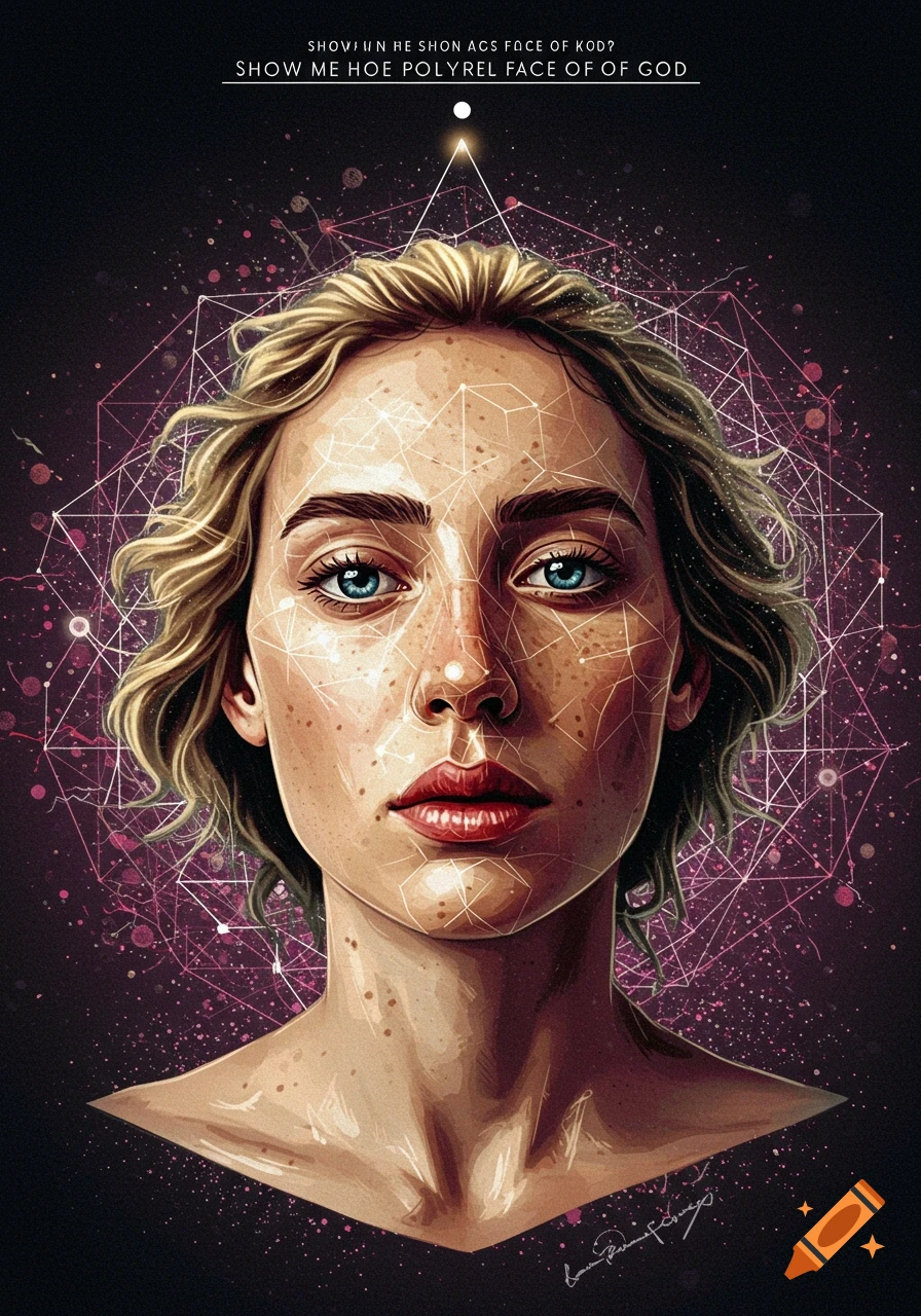 A digital art portrait of a woman's face with blue eyes, overlaid with geometric lines, against a dark background with stars and pink accents.