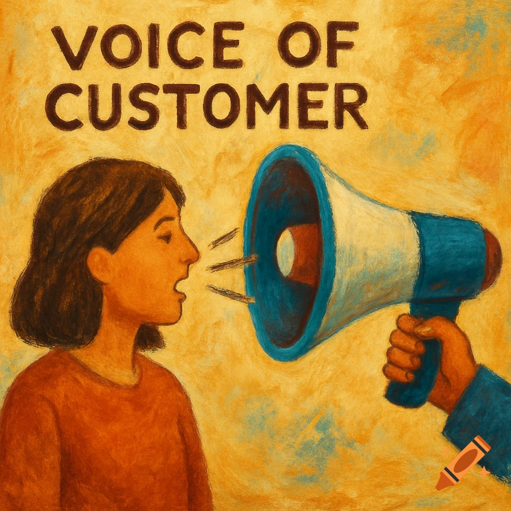 Illustration of a person speaking into a megaphone, with the text "VOICE OF CUSTOMER" above, in a pastel or crayon style.
